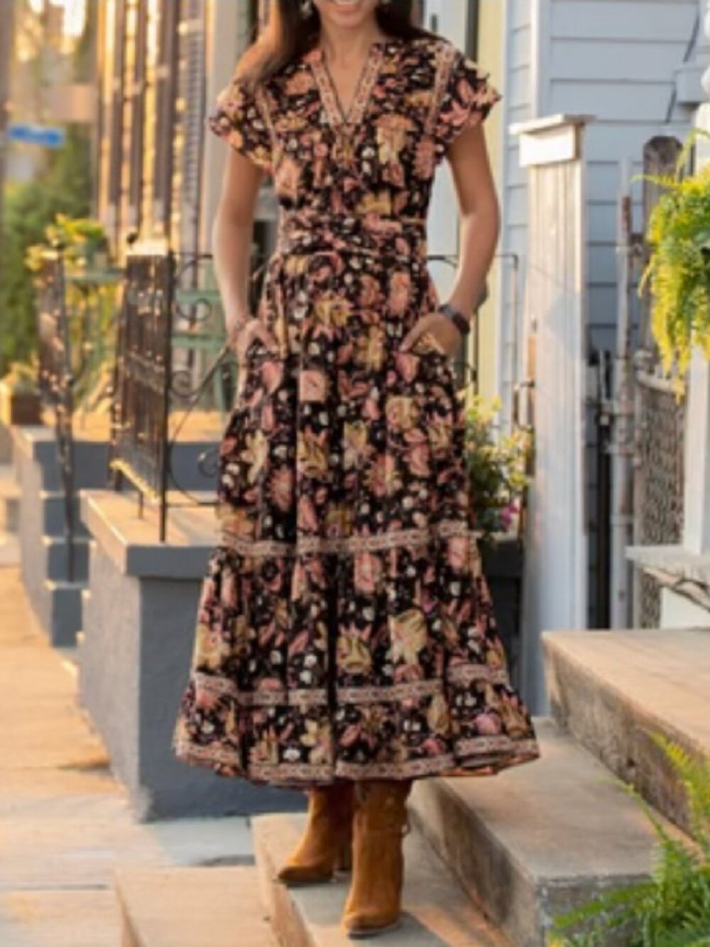 SUNDANCE Fleurine Floral Maxi Dress Tiered Cotton Silk Sz SMALL 4 6 Boho Western